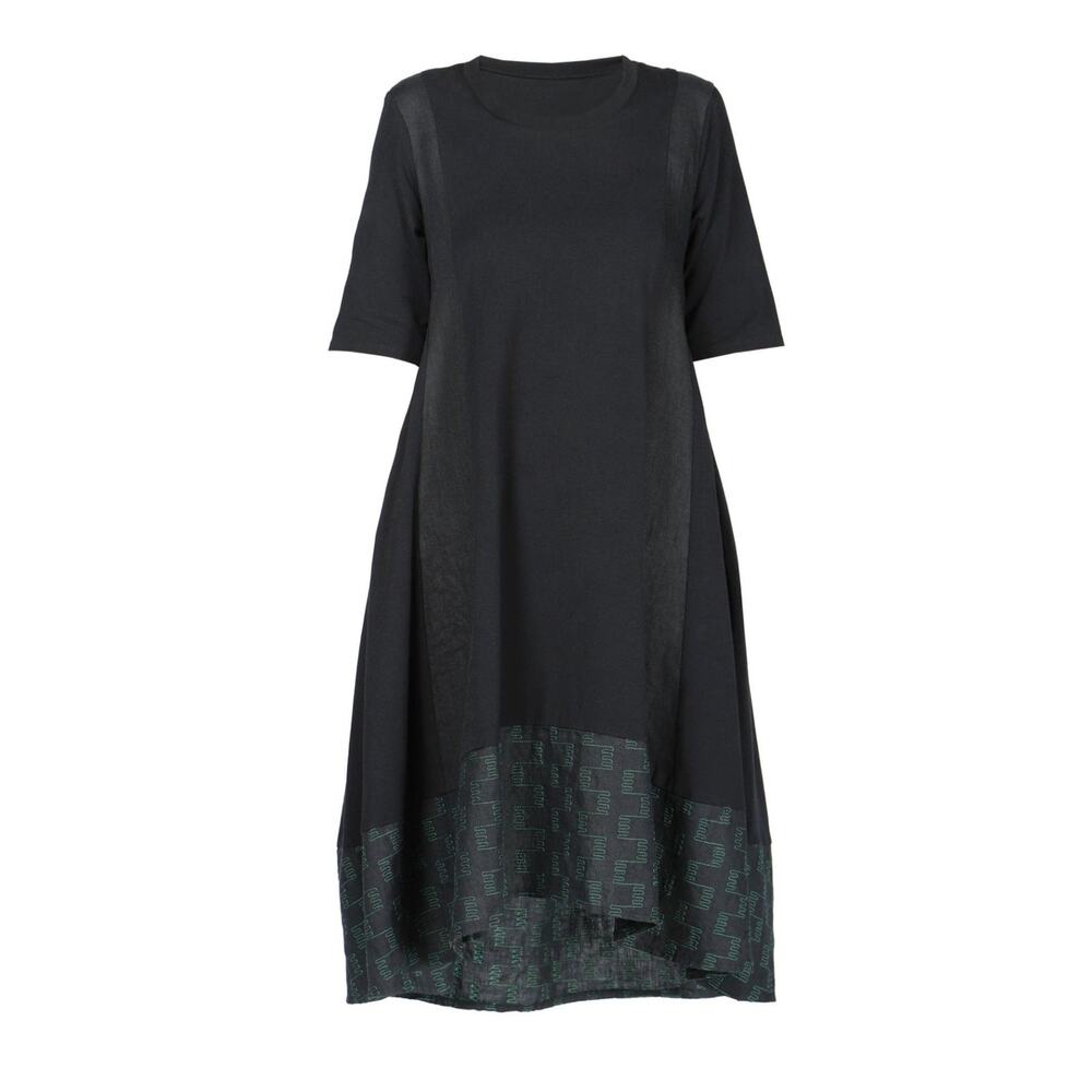 Luukaa Women Black Midi Cotton Dress Size 6 Green Stitch Short Sleeve NWT